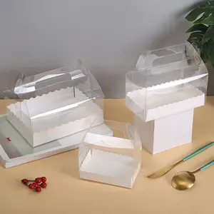 Transparent recycle cake roll bread pastry party bakery square plastic baking box with pvc handle