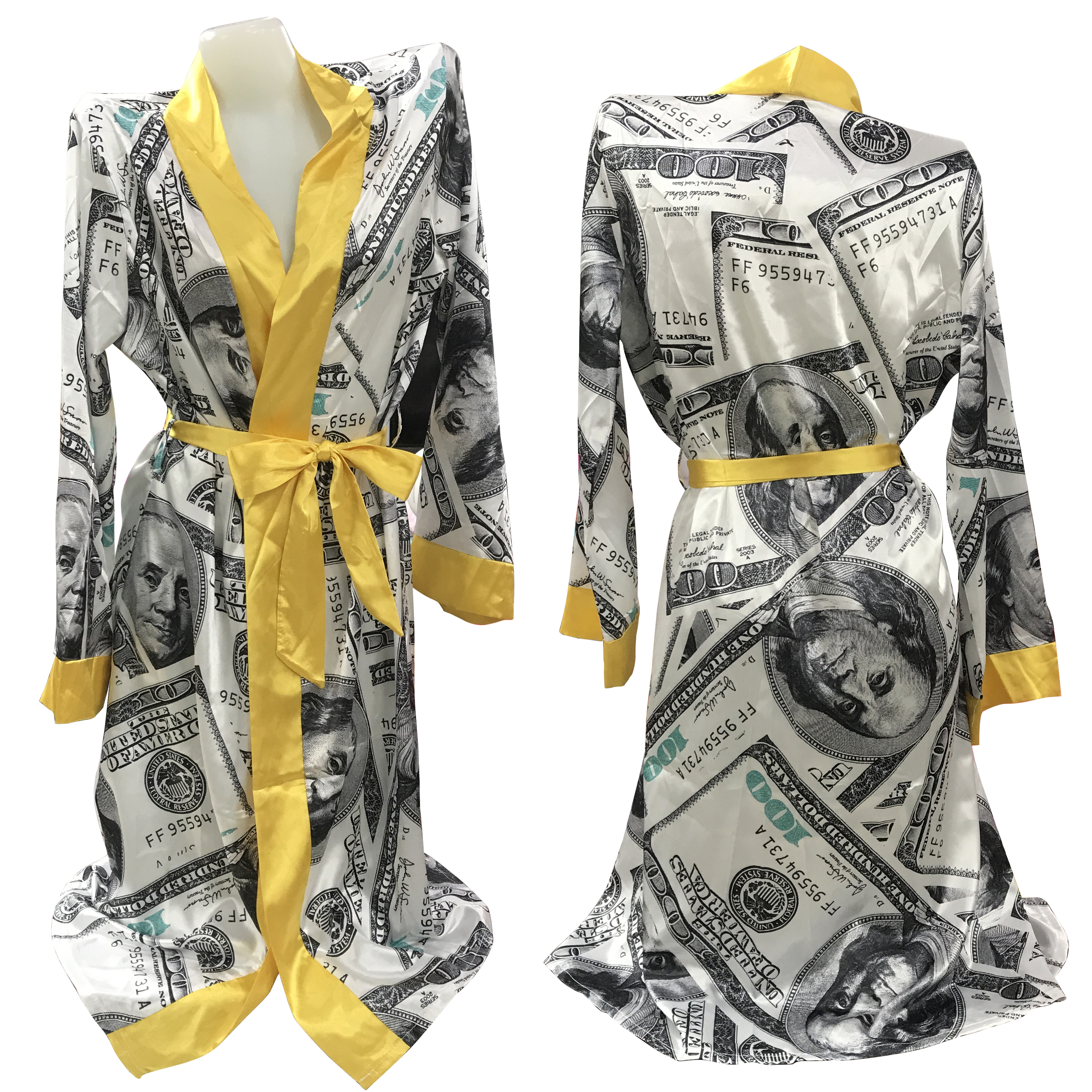 Ins Hot Sale Bathrobe Women Money Printed Sexy Silk Sashes Robe Sets ...