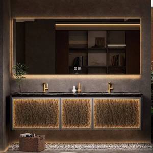 Meuble de salle de bain en bois massif avec lavabo en céramique, miroir intelligent et panneau mural en pierre, personnalisé pour hôtels de luxe haut de gamme - Product Image 3