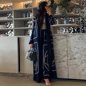 Último Modelo de Abaya Musulmana, Vestidos Modestos de 2 Piezas con Pantalones, Abaya Abierta de Manga Larga con Estampado Turco, Vestido Musulmán para Mujer - Product Image 3