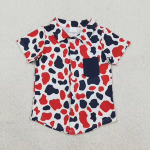 Vêtements d'été en gros pour enfants : Tenue bébé garçon motif camouflage bleu marine et rouge, barboteuse et chemise pour le 4 juillet - Product Image 5