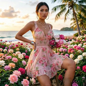 Chemise de nuit babydoll en mousseline transparente à imprimé floral rose avec nœud en dentelle, bretelles spaghetti, col en V et ourlet à volants, idéale pour lune de miel romantique (ODM) - Product Image 1