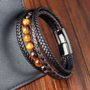 Bracelet en cuir véritable multi-couches avec perles en pierres semi-précieuses et fermoir magnétique en acier inoxydable 316L pour homme - Product Image 2