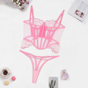 Conjuntos de sujetador y bragas sexis para ODM y OEM, conjuntos eróticos de malla Floral, lencería transparente Rosa sensual para chica bonita - Product Image 5