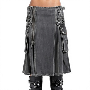 Men's <b>Black</b> Denim Kilt With Cargo Pockets Front Zip Closure Scottish Style Utility Skirt - Product Image 1
