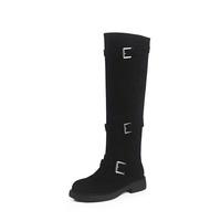 Bottes d'équitation d'hiver en cuir véritable à talon épais, bout rond, hauteur genou