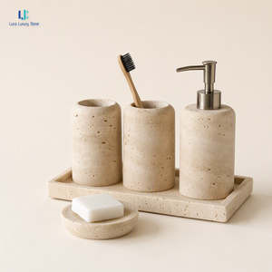 Ensemble d'accessoires de salle de bain en marbre travertin Luca |   Ensemble de 5 pièces en pierre polie : Distributeur de savon, Porte-brosses à dents, Plateau – Idéal pour la maison et l'hôtel, sur mesure - Product Image 6