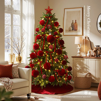 Sapin de Noël en PE pré-éclairé avec boule floquée rouge et nœud - Décoration de Noël de qualité supérieure, pleine et volumineuse, pour la maison, le bureau, les fêtes