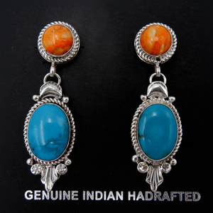 Boucles d'oreilles Navajo Art Platero Orange Spiny Oyster Shell et Turquoise Post Dangle - Product Image 1