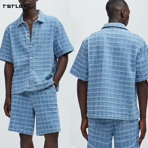 Fully Cut And Sew Frayed Checkered Men'S <b>Set</b> Heavyweight Vintage Wash Oversized Streetwear Acid Wash Shirt Shorts <b>Set</b> - Product Image 2