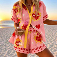 Ensemble deux pièces pour femme, style vacances à la plage transfrontalières, avec chemisier fleuri et haut imprimé à manches courtes pour l'été et l'automne