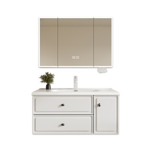 Meuble de salle de bain moderne en bois massif de style crème français avec double tiroir et vasque intégrée en céramique - Product Image 6