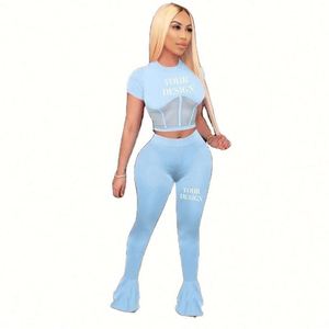 Women's Trend Suits Fashion Style Mesh Stitching Flared <b>Pants</b> Sports Suits Custom Logo Embroidery Logo Custom Your Own Brand - Product Image 2