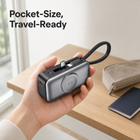 Mini capsule 3 en 1, 20W entrée/sortie, charge rapide, batterie externe sans fil avec câble intégré, support de téléphone, type-C