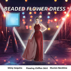 Falda de gasa con lentejuelas y cintura imperio, con cuentas florales posicionadas, escote redondo, largo té, para fiesta de mujer - Product Image 1