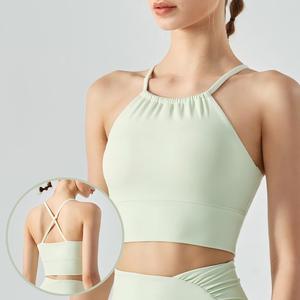 Wholesale Women's Halter <b>Cross</b> Back Sports Bra Built-in Bra Yoga Crop <b>Top</b> Quick Dry Slim Fit Fitness Bra Breathable Activewear - Product Image 1