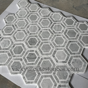 Mosaïque hexagonale en marbre blanc, mosaïque en pierre et acier inoxydable pour murs et sols de salle de bain - Product Image 2