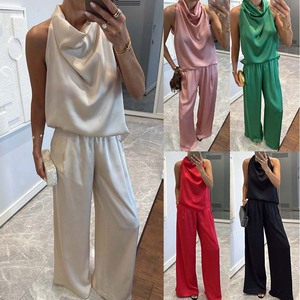 Mode féminine printemps/été, nouvelle arrivée, pantalon long sans manches à coupe décontractée, ensemble en satin 2 pièces, tendance - Product Image 2