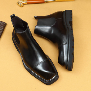 Bottes Chelsea pour hommes, trois œillets, semelle épaisse, cuir véritable, hauteur mi-mollet, style rétro britannique - Product Image 4