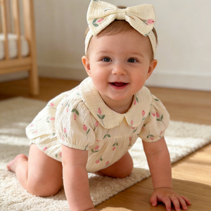 Body de Algodón con Estampado Floral para Bebés Niñas, Cuello Redondo, Manga Corta, Lazo, Estilo Europeo y Americano, Transpirable, Traje de Verano - Product Image 4