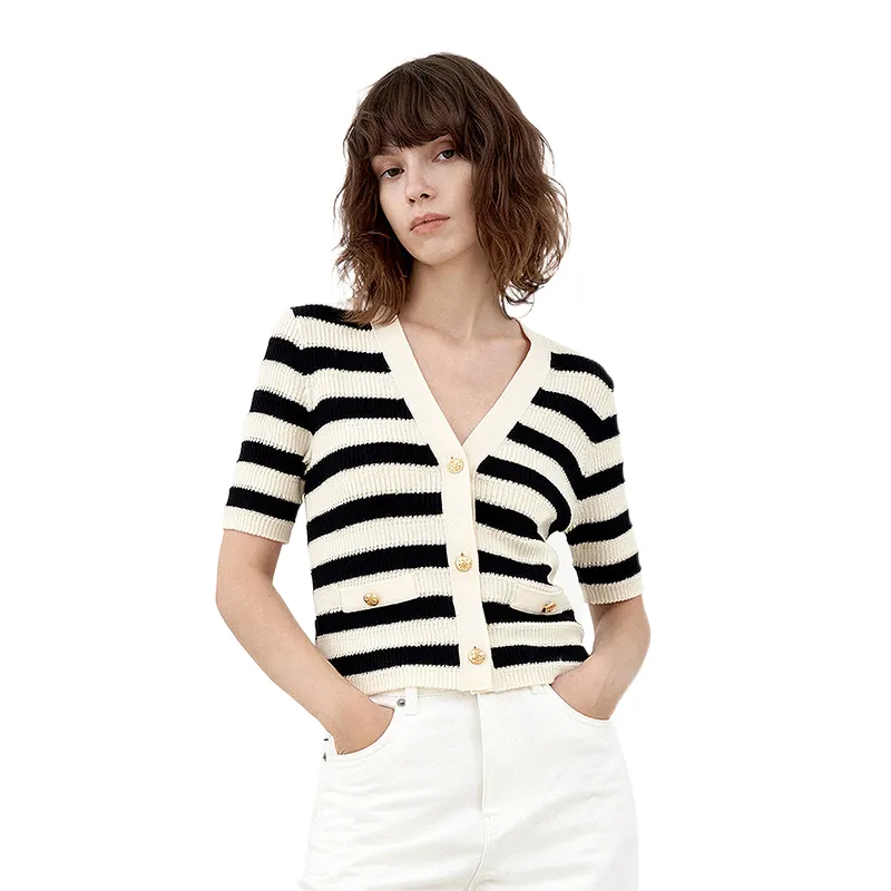 Casual stripe women's sweater V-neck cardigan women's sweater coat