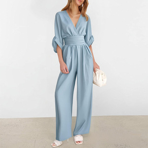 Suzhou <span class=keywords><strong>VIVA</strong></span> VIXEN 2026 Mono casual de mujer con cuello en <span class=keywords><strong>V</strong></span> profundo, manga kimono, cintura ajustada y pierna ancha - Product Image 1