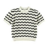 Pull tricoté à manches courtes pour homme, à rayures ondulées et ajouré, col rond, respirant, style preppy, en maille de soie glacée, polyester et coton