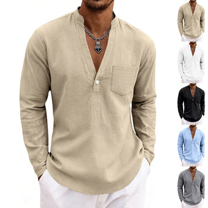 Camisa Casual de Lino para Hombre, Cuello en V, Holgada, con Cuentas, Botón Único, Transpirable, Sin Planchado, Tallas Grandes, Primavera/Otoño - Product Image 1