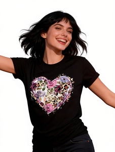 T-shirt con stampa di cuori di San Valentino da donna, manica corta, girocollo, top casual, design floreale, 100% cotone, abbigliamento primaverile ed estivo - Product Image 1