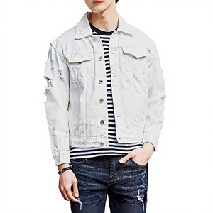 Veste en jean blanche pour homme, décontractée, boutonnée, déchirée, couleur unie, coupe classique, automne-hiver, effet acide, 100 % coton, lavable - Product Image 1