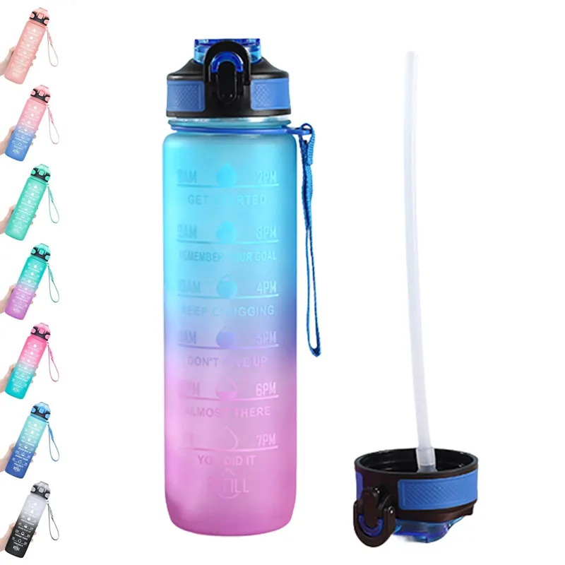 1 л, 32 унции, соломенная пластиковая бутылка для воды, для фитнеса, фитнеса, без BPA, с маркером времени