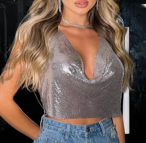 Crop <strong>Top</strong> Timechee Bling Sequined Women's Night Club Low Cut Halter <strong>Sequins</strong> Chain Strap Deep V Neck Umbilical tank <strong>Tops</strong> - Product Image 4