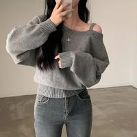 Pull court en mohair chic coréen pour femme, style rétro élégant, col halter en V, coupe ample et décontractée, manches classiques, polyvalent pour l'automne