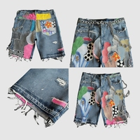 Shorts en jean vintage Y2K streetwear OEM, coupe oversize et baggy, déchirés, ourlet brut, délavés à l'acide, avec appliques brodées, style hip-hop streetwear pour homme