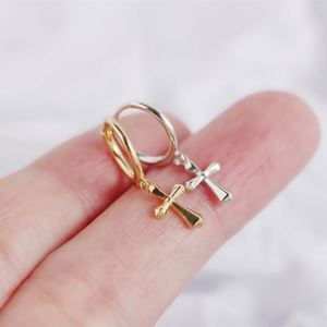 Dylam NO MOQ Stylish 925 Sterling <b>Silver</b> Rhodium Plated Simple Design Dangle Cross <b>Hoop</b> <b>Earrings</b> for Women - Product Image 4