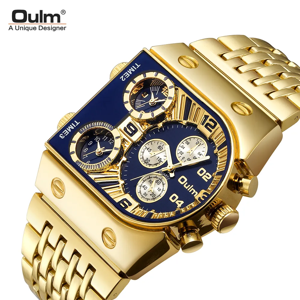Oulm Big Size Watch 9315 Men Sports Watches 3 Time Zone Luxury Gold Stainless Steel Quartz Wristwatches Relogio Masculino Reloj