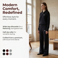 Ensemble deux pièces décontracté pour femme : pull en laine brodé uni à col en V et revers, et pantalon large en maille ample