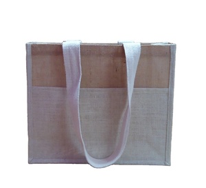 Bolsa de Compras de Yute Natural Ecológica Grande al por Mayor, Bolsa de Playa Personalizada con Estampado Simple y Bolsillo Frontal - Product Image 1