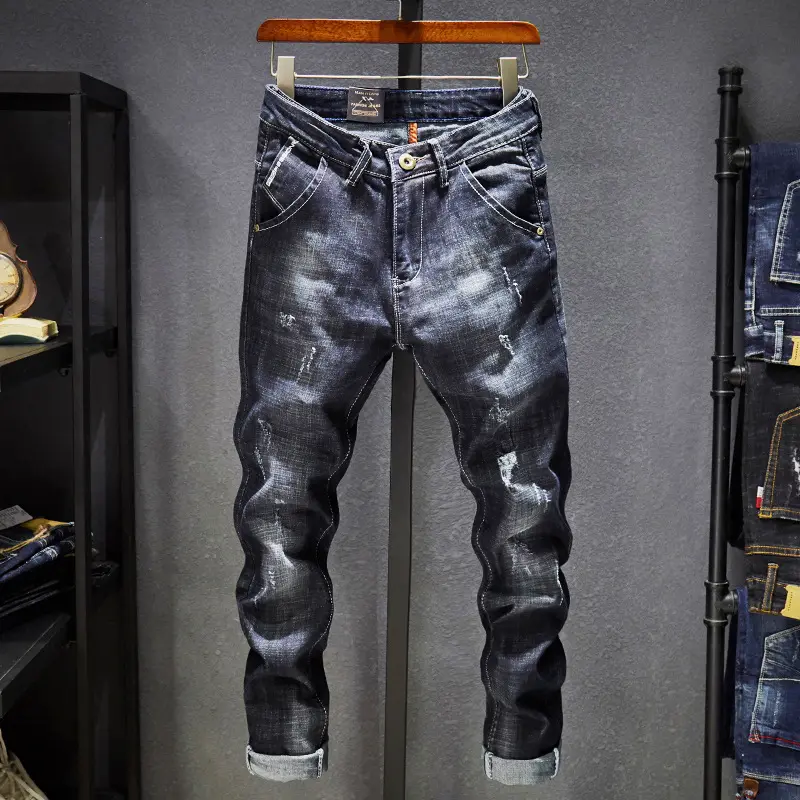 Calça jeans skinny rasgada masculina, calça de brim estilo he-man personalizada, 2022