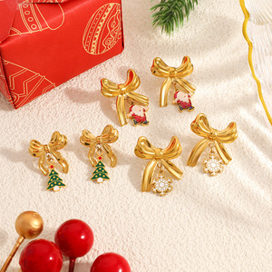 ต่างหูรูปต้นคริสต์มาส ชุบทอง สแตนเลสสตีล จี้รูปโบว์ ของขวัญวันหยุด เครื่องประดับ EH12125 - Product Image 2