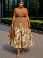 Ensemble robe-veste pour femme, veste sans manches à col en V, jupe longue plissée taille haute, robe de soirée grande taille
