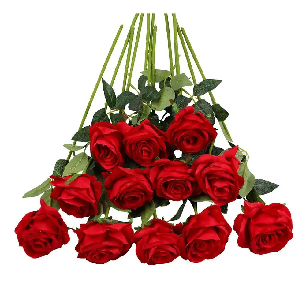 Rose Artificial Flower Single Stem Flowers Bridal Wedding Bouquet, Realistic Blossom Flora for Home Garden Party