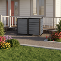 Abri de jardin extérieur compact en résine avec structure métallique résistante aux intempéries, double porte verrouillable et bac à déchets intégré