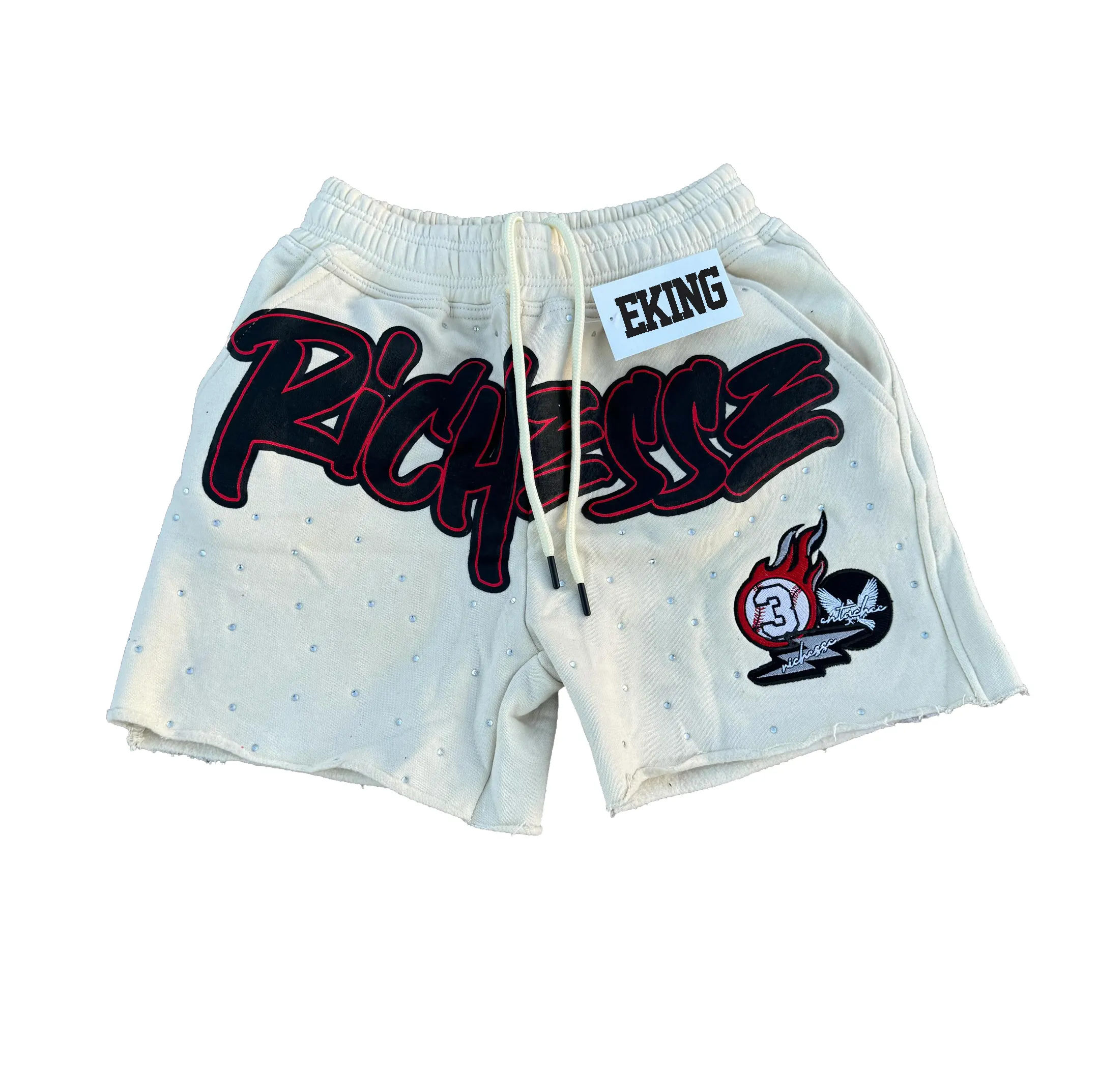 Pantalones cortos con gráfico de diamantes de imitación estampados lavados de algodón lavado ácido de punto informal de verano personalizado