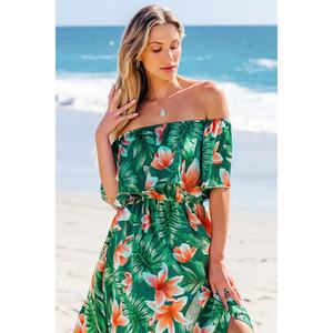 Nouvelle robe longue corset à volants, épaules dénudées, design tropical vert et orange - Product Image 3