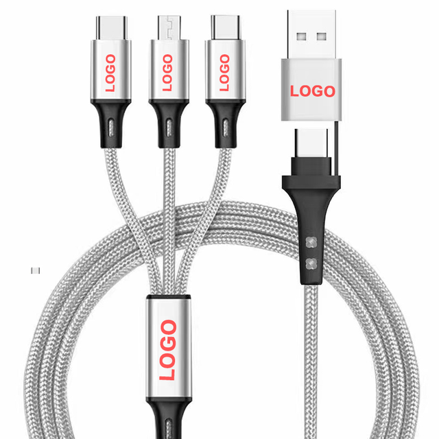 Custom Logo 5 in 1 Nylon Braided Type-C USB Charging Cable Universal USB PD 5 in 1 LED Light up Logo Cable for Promotional Gifts