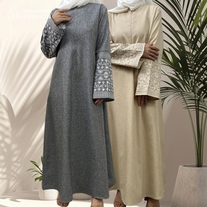 Abaya Manufacturer Fashion 2024 Embroidery Linen Polyester Closed Abaya Islamic Muslim Women <b>Summer</b> Dresses 6797# - Product Image 1