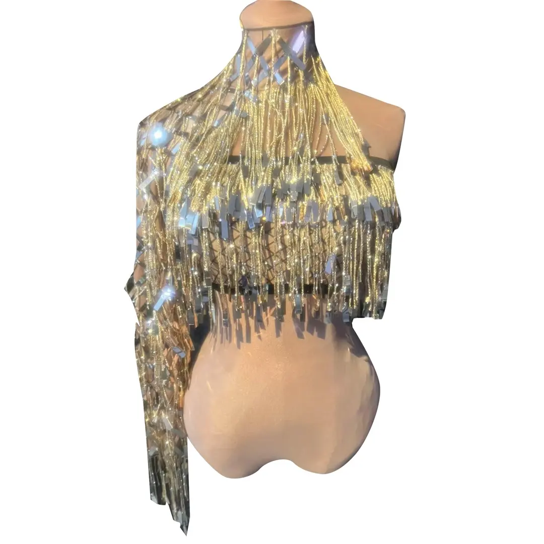 Venta al por mayor Sexy Bling Gold Sequins Tassel One Sleeves Tube Top Carnival Party Costume Women Show Stage Performance Dancer Outfits