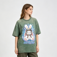 Kaos Wanita Vintage Oversize Warna Hijau Muda dengan Cetakan Grafis Kelinci Kartun Custom, Bahan Katun