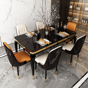Luxury Black Light <strong>Dining</strong> <strong>Table</strong> <strong>Set</strong> 1 <strong>Table</strong> &amp; 6 Chairs Solid Wood Modern Design for Apartment Hotel &amp; Home <strong>Dining</strong> Room - Product Image 4